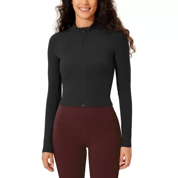 ODODOS Womens Cloud Feeling Athletic Jacket Full Zip Mock Neck Long Sleeve Lightweight Workout Cropped TopOnyx Black Grey