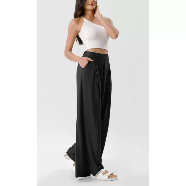 ODODOS Chiffon Flowy Pleated Wide Leg Pants for Women Builtin Shorts Lightweight High Waist Trouser with PocketsBlack