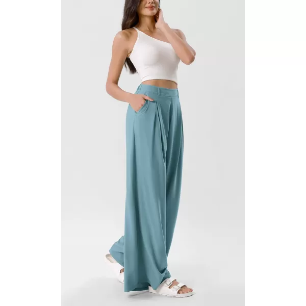 ODODOS Chiffon Flowy Pleated Wide Leg Pants for Women Builtin Shorts Lightweight High Waist Trouser with PocketsBrittany Blue