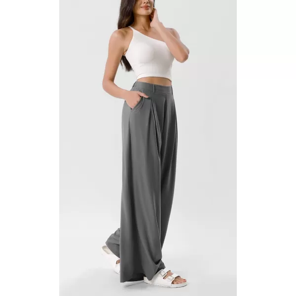 ODODOS Chiffon Flowy Pleated Wide Leg Pants for Women Builtin Shorts Lightweight High Waist Trouser with PocketsCharcoal