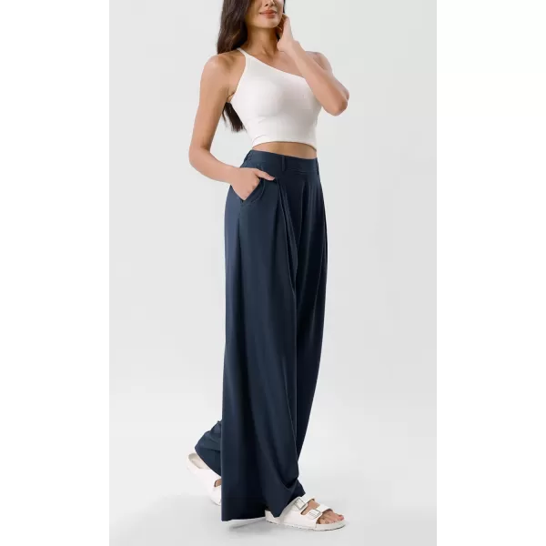 ODODOS Chiffon Flowy Pleated Wide Leg Pants for Women Builtin Shorts Lightweight High Waist Trouser with PocketsDark Blue