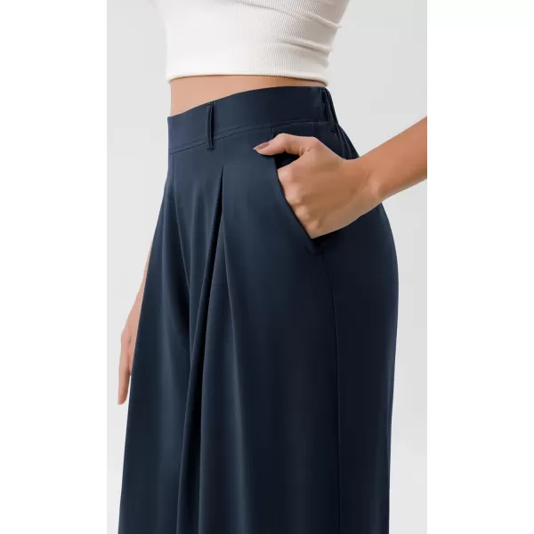 ODODOS Chiffon Flowy Pleated Wide Leg Pants for Women Builtin Shorts Lightweight High Waist Trouser with PocketsDark Blue