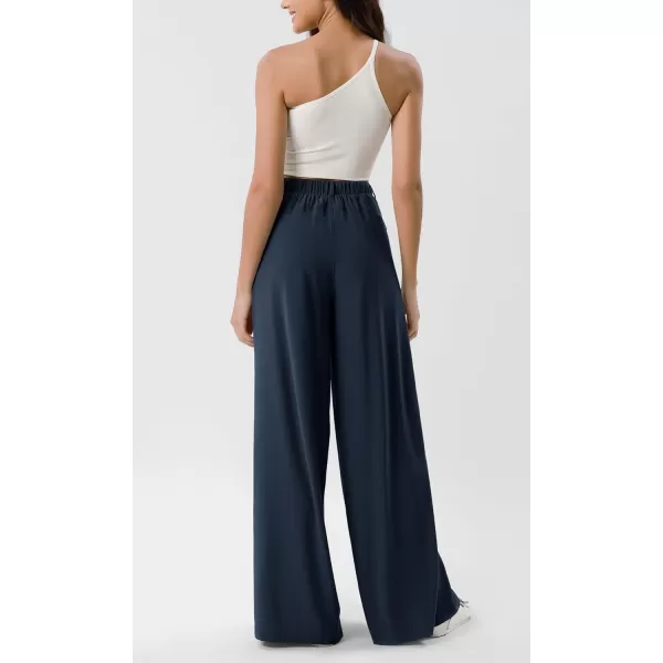 ODODOS Chiffon Flowy Pleated Wide Leg Pants for Women Builtin Shorts Lightweight High Waist Trouser with PocketsDark Blue