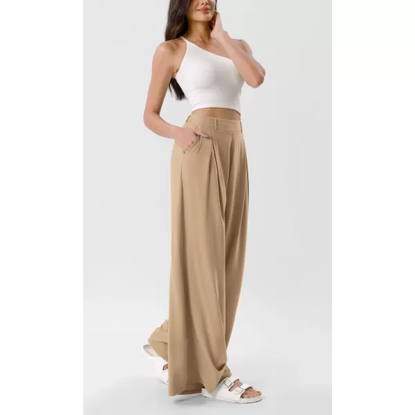 ODODOS Chiffon Flowy Pleated Wide Leg Pants for Women Builtin Shorts Lightweight High Waist Trouser with PocketsDesert