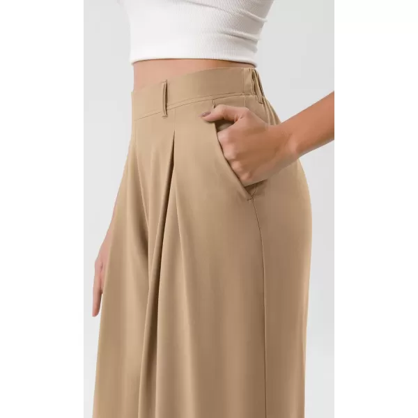 ODODOS Chiffon Flowy Pleated Wide Leg Pants for Women Builtin Shorts Lightweight High Waist Trouser with PocketsDesert