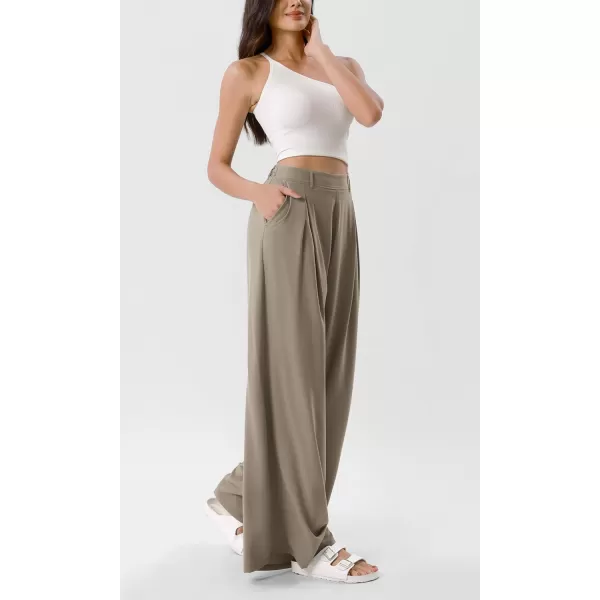 ODODOS Chiffon Flowy Pleated Wide Leg Pants for Women Builtin Shorts Lightweight High Waist Trouser with PocketsDune