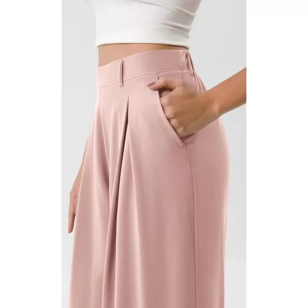 ODODOS Chiffon Flowy Pleated Wide Leg Pants for Women Builtin Shorts Lightweight High Waist Trouser with PocketsPink