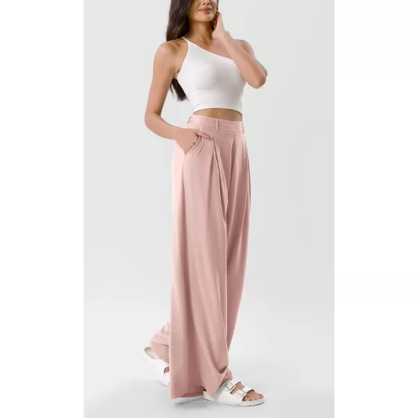 ODODOS Chiffon Flowy Pleated Wide Leg Pants for Women Builtin Shorts Lightweight High Waist Trouser with PocketsPink