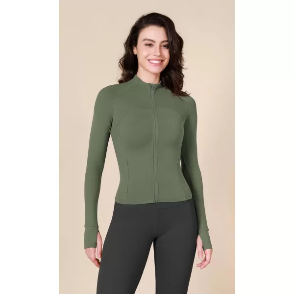 ODODOS Cloud Feeling Athletic Jacket for Women Full Zip Lightweight Workout Top with Pockets Thumb HolesDark Olive