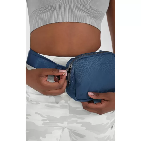 ODODOS Fleece Mini Belt Bag with Adjustable Strap Sherpa Small Waist Pouch Fanny Pack for Workout Running Traveling Hiking BrownLeopard Navy