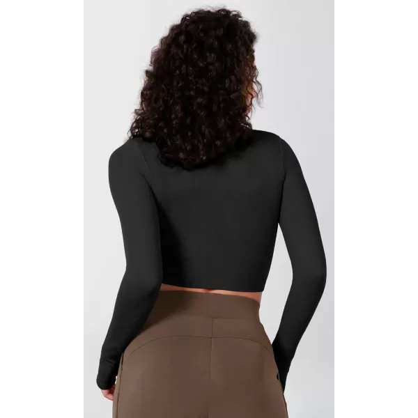 ODODOS Long Sleeve Ruched Front Crop Tops with Thumb Hole for Women Seamless Ribbed Cropped TeeBlack