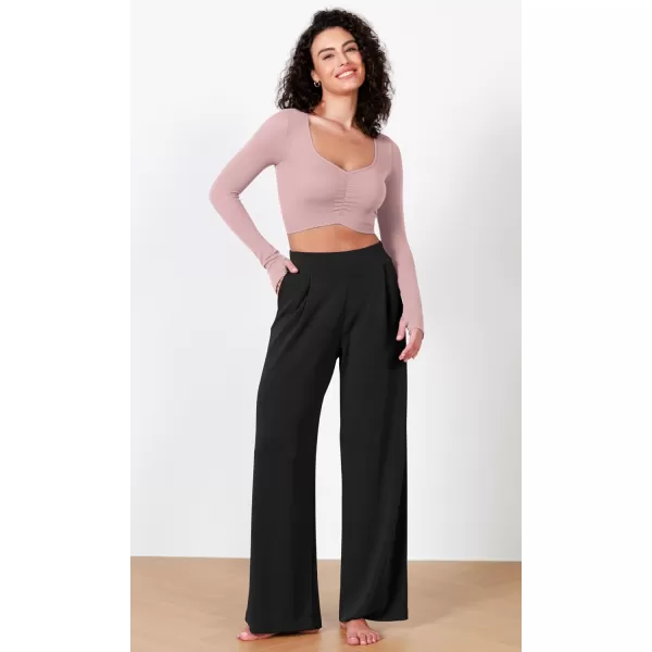 ODODOS Long Sleeve Ruched Front Crop Tops with Thumb Hole for Women Seamless Ribbed Cropped TeePink