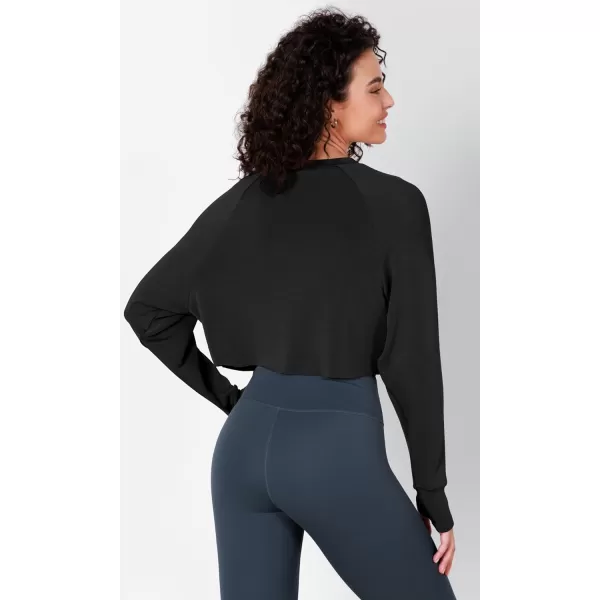 imageODODOS Modal Soft Long Sleeve Cropped Sweatshirts with Thumb Hole for Women Crew Neck Pullover Crop TopBlack