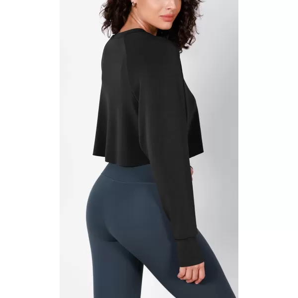 imageODODOS Modal Soft Long Sleeve Cropped Sweatshirts with Thumb Hole for Women Crew Neck Pullover Crop TopBlack