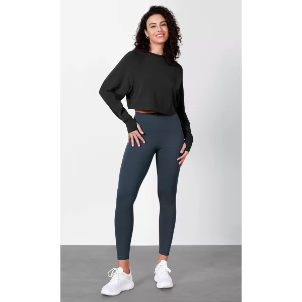 imageODODOS Modal Soft Long Sleeve Cropped Sweatshirts with Thumb Hole for Women Crew Neck Pullover Crop TopBlack