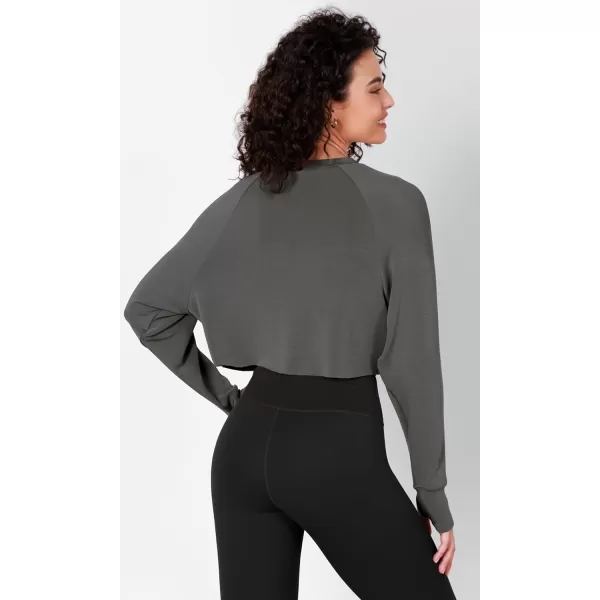 imageODODOS Modal Soft Long Sleeve Cropped Sweatshirts with Thumb Hole for Women Crew Neck Pullover Crop TopCharcoal