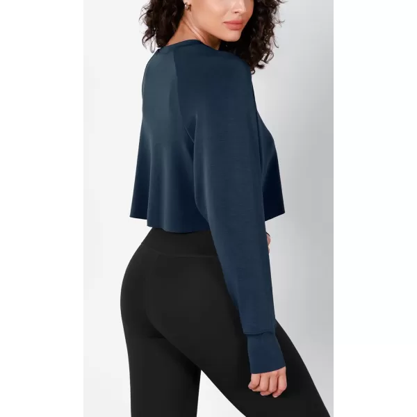 imageODODOS Modal Soft Long Sleeve Cropped Sweatshirts with Thumb Hole for Women Crew Neck Pullover Crop TopNavy