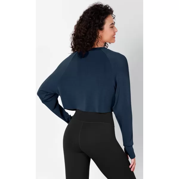 imageODODOS Modal Soft Long Sleeve Cropped Sweatshirts with Thumb Hole for Women Crew Neck Pullover Crop TopNavy