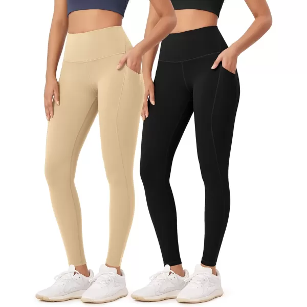 ODODOS ODLEX 2Pack 78 High Waist Workout Leggings with Pockets for Women 25quot 28quot Tummy Control Athletic Yoga PantsBlackbeige