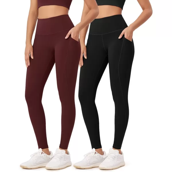 ODODOS ODLEX 2Pack 78 High Waist Workout Leggings with Pockets for Women 25quot 28quot Tummy Control Athletic Yoga PantsBlackburgundy