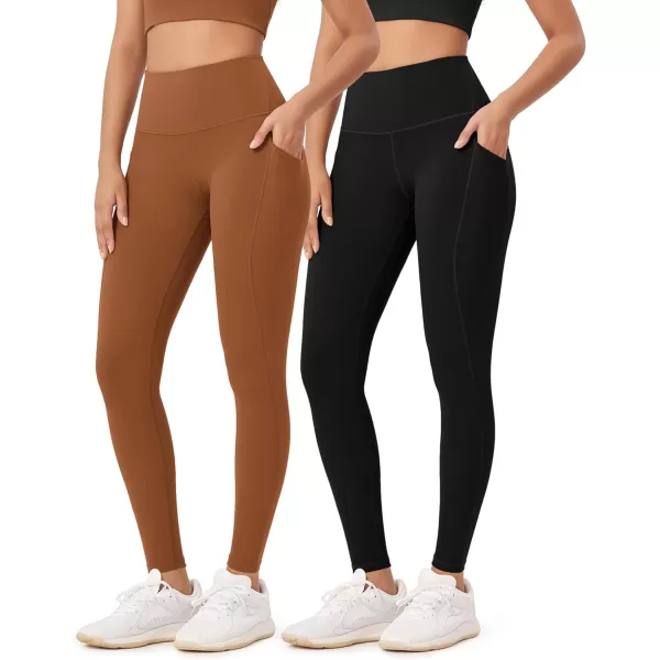 ODODOS ODLEX 2Pack 78 High Waist Workout Leggings with Pockets for Women 25quot 28quot Tummy Control Athletic Yoga PantsBlackcaramel