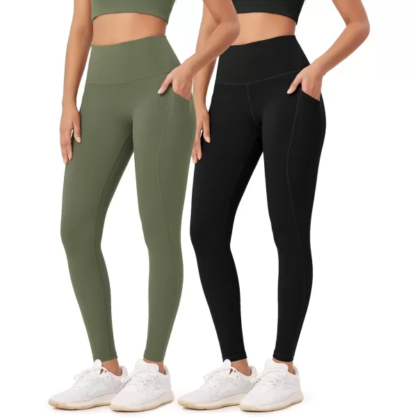 ODODOS ODLEX 2Pack 78 High Waist Workout Leggings with Pockets for Women 25quot 28quot Tummy Control Athletic Yoga PantsBlackdark Olive