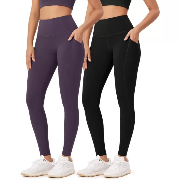 ODODOS ODLEX 2Pack 78 High Waist Workout Leggings with Pockets for Women 25quot 28quot Tummy Control Athletic Yoga PantsBlackdark Purple