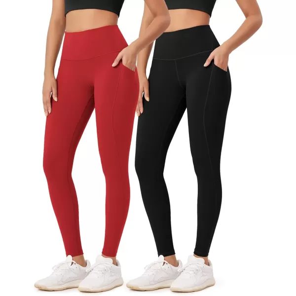 ODODOS ODLEX 2Pack 78 High Waist Workout Leggings with Pockets for Women 25quot 28quot Tummy Control Athletic Yoga PantsBlackred