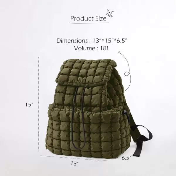 ODODOS Quilted Backpack for Women Lightweight Puffer Hiker Pack Drawstring Padding Travel Gym Bag CharcoalAvocado