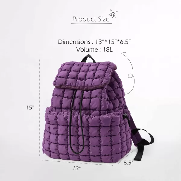 ODODOS Quilted Backpack for Women Lightweight Puffer Hiker Pack Drawstring Padding Travel Gym Bag CharcoalDeep Purple