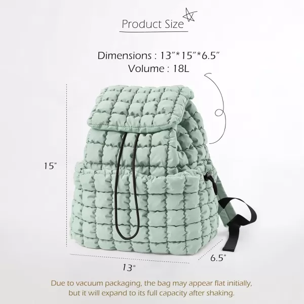 ODODOS Quilted Backpack for Women Lightweight Puffer Hiker Pack Drawstring Padding Travel Gym Bag CharcoalLight Green