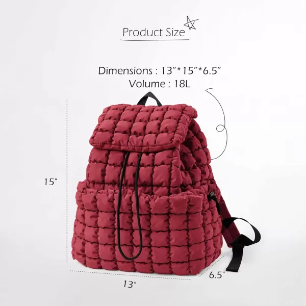 ODODOS Quilted Backpack for Women Lightweight Puffer Hiker Pack Drawstring Padding Travel Gym Bag CharcoalTrue Red