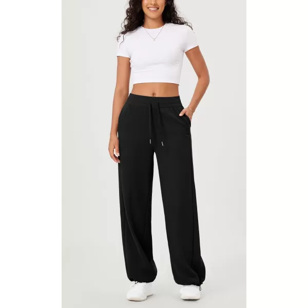 ODODOS Womens Fleece Lined Wide Leg Jogger Pants with Pockets MidRise Relaxed PullOn SweatpantsBlack