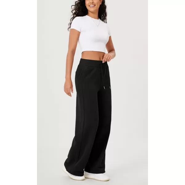 ODODOS Womens Fleece Lined Wide Leg Jogger Pants with Pockets MidRise Relaxed PullOn SweatpantsBlack