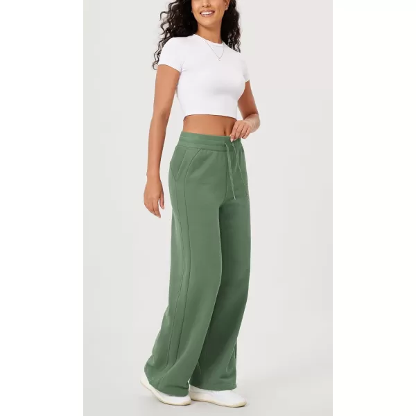 ODODOS Womens Fleece Lined Wide Leg Jogger Pants with Pockets MidRise Relaxed PullOn SweatpantsMedium Olive