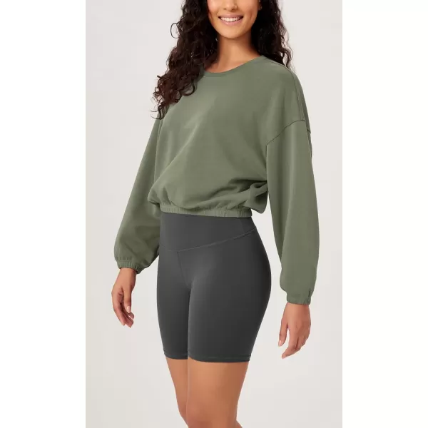 ODODOS Womens Modal Soft Gathered Cropped Sweatshirts Long Sleeve Elastic Hem Crew Neck Pullover TopsDark Sage