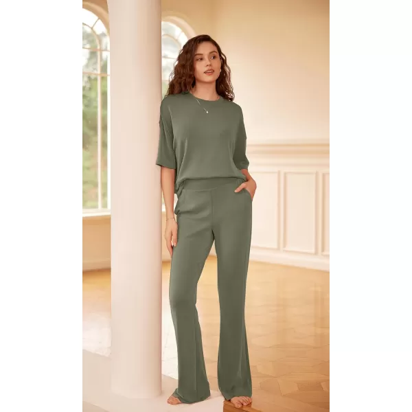 ODODOS Womens Modal Soft Mini Flared Pants with Pockets High Waist PullOn Casual Lounge Pants2931quot InseamDark Sage