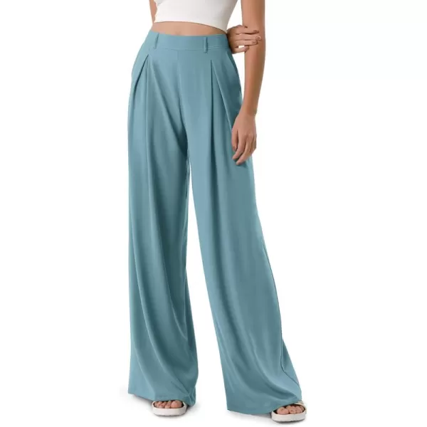 ODODOS Chiffon Flowy Pleated Wide Leg Pants for Women Builtin Shorts Lightweight High Waist Trouser with PocketsBrittany Blue