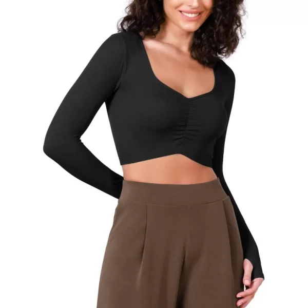 ODODOS Long Sleeve Ruched Front Crop Tops with Thumb Hole for Women Seamless Ribbed Cropped TeeBlack