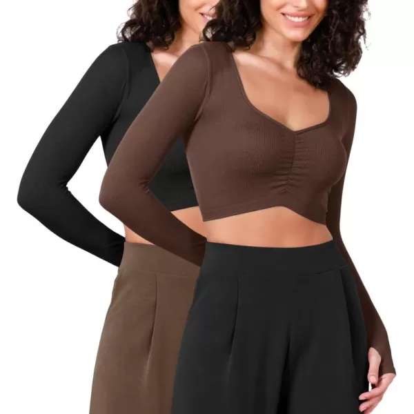 ODODOS Long Sleeve Ruched Front Crop Tops with Thumb Hole for Women Seamless Ribbed Cropped TeeBlackbrunette