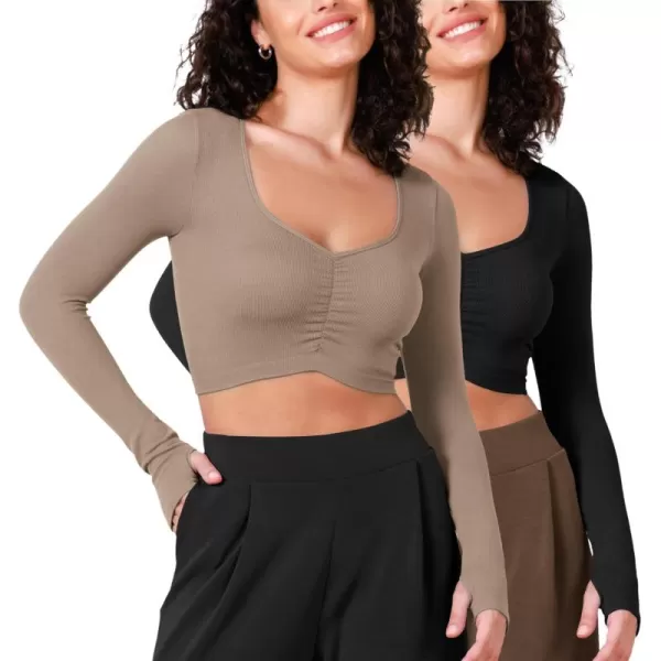 ODODOS Long Sleeve Ruched Front Crop Tops with Thumb Hole for Women Seamless Ribbed Cropped TeeBlacktaupe