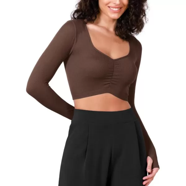 ODODOS Long Sleeve Ruched Front Crop Tops with Thumb Hole for Women Seamless Ribbed Cropped TeeBrunette