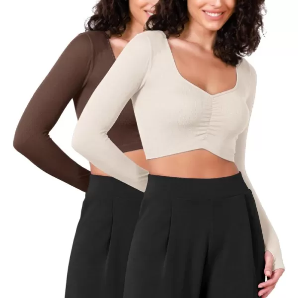 ODODOS Long Sleeve Ruched Front Crop Tops with Thumb Hole for Women Seamless Ribbed Cropped TeeBrunetteivory