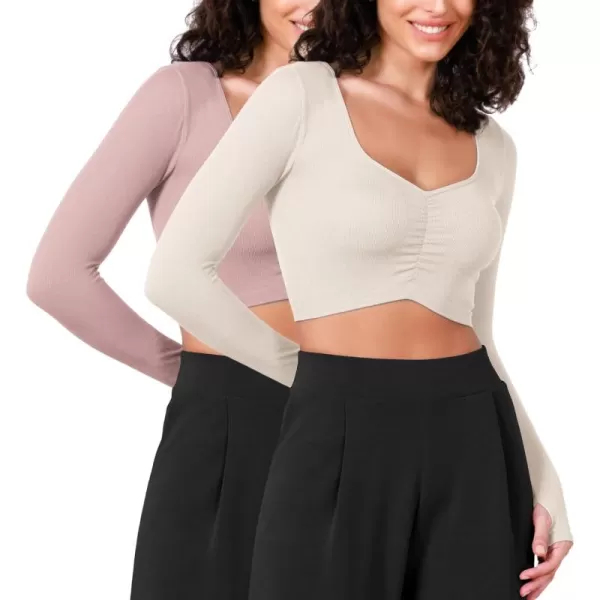 ODODOS Long Sleeve Ruched Front Crop Tops with Thumb Hole for Women Seamless Ribbed Cropped TeePinkivory