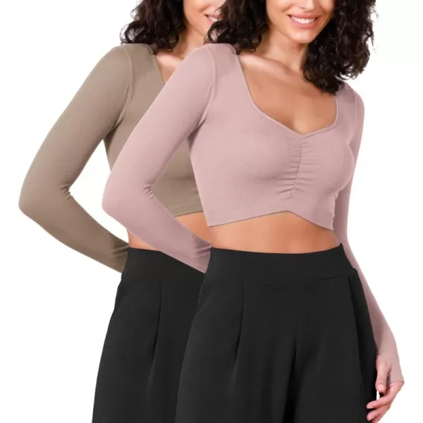 ODODOS Long Sleeve Ruched Front Crop Tops with Thumb Hole for Women Seamless Ribbed Cropped TeeTaupepink