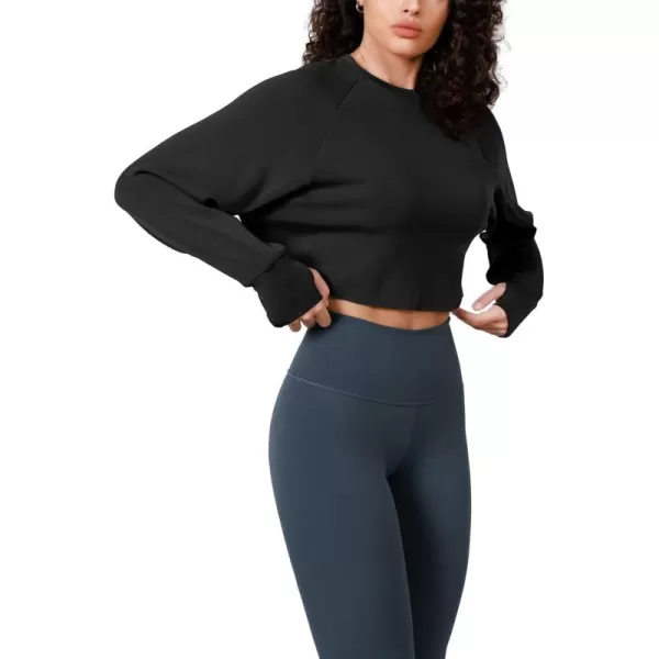 imageODODOS Modal Soft Long Sleeve Cropped Sweatshirts with Thumb Hole for Women Crew Neck Pullover Crop TopBlack