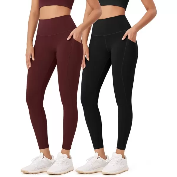 ODODOS ODLEX 2Pack 78 High Waist Workout Leggings with Pockets for Women 25quot 28quot Tummy Control Athletic Yoga PantsBlackburgundy