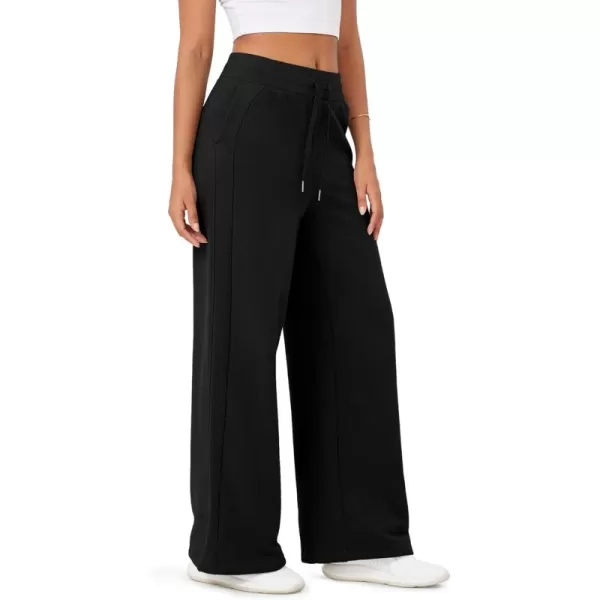 ODODOS Womens Fleece Lined Wide Leg Jogger Pants with Pockets MidRise Relaxed PullOn SweatpantsBlack