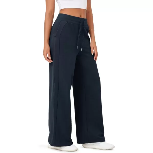 ODODOS Womens Fleece Lined Wide Leg Jogger Pants with Pockets MidRise Relaxed PullOn SweatpantsDeep Navy