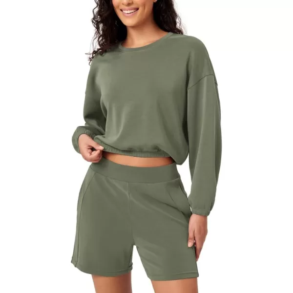 ODODOS Womens Modal Soft Gathered Cropped Sweatshirts Long Sleeve Elastic Hem Crew Neck Pullover TopsDark Sage